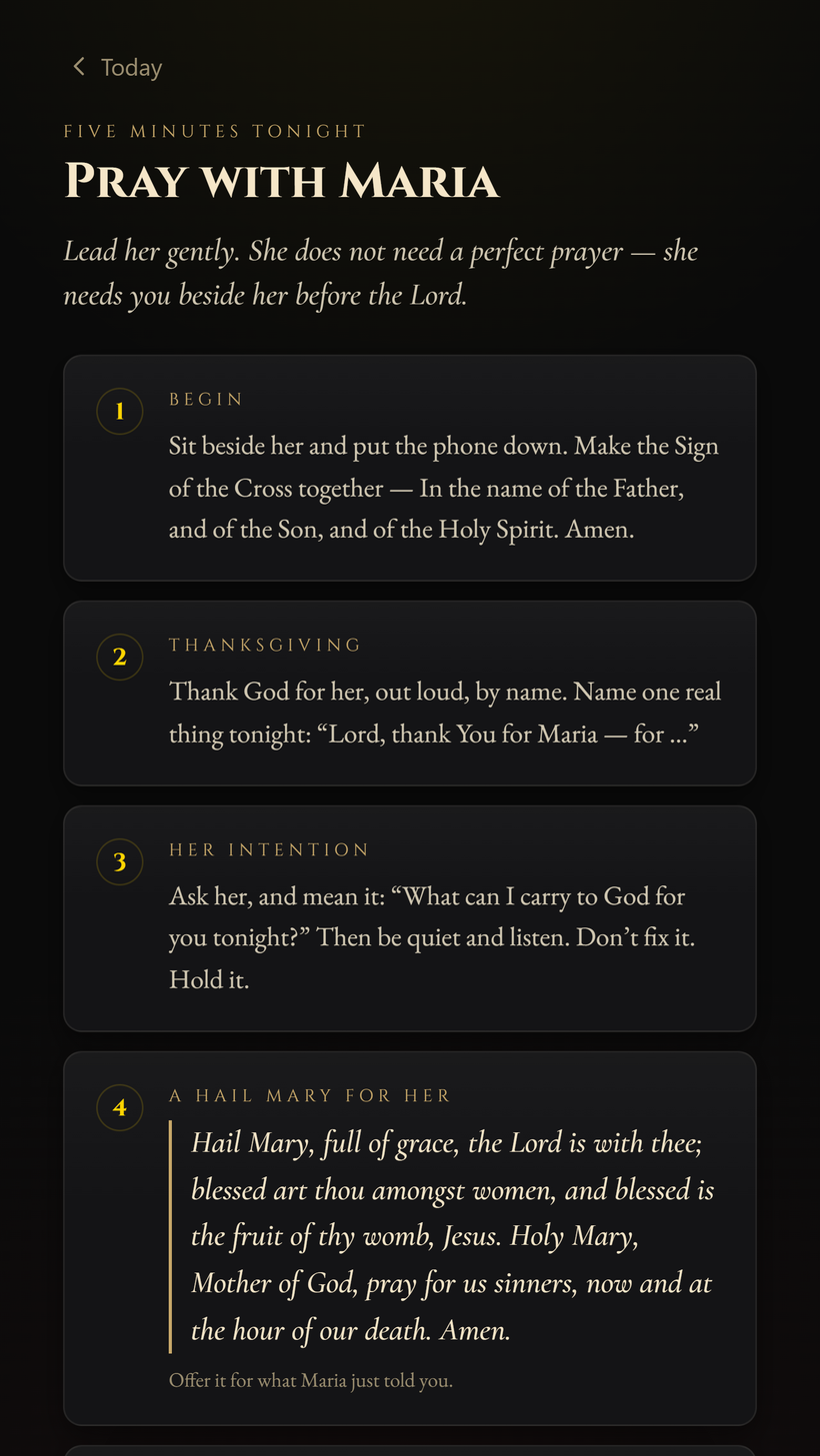 Pray With Maria — a three-step guided prayer to lead with your wife tonight: Begin, Thanksgiving, Her Intention.