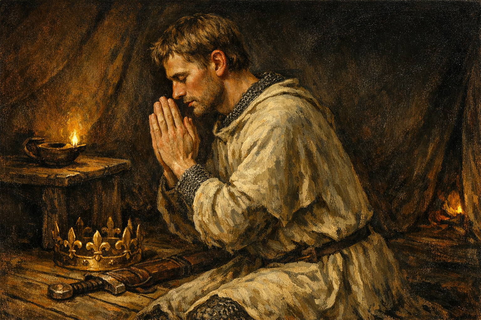 A young king in chainmail and surcoat kneeling in prayer beside his crown and sword in Caravaggio chiaroscuro — Saint Louis IX, the crusader-king, the warrior saint at prayer.
