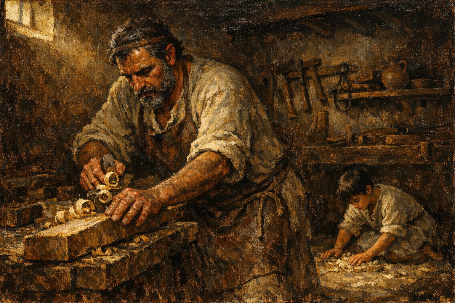 St. Joseph the Worker at his carpentry bench in his Nazareth workshop, the young Christ Child beside him learning the trade — sacred art for Sanctum Dispatch #02 on St. Joseph the Worker, patron of the Universal Church.