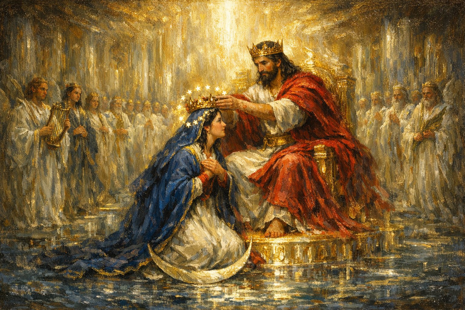 The Coronation of the Blessed Virgin Mary as Queen of Heaven and Earth — Christ the King enthroned, placing a crown of twelve stars on Mary's head as she kneels in the Queen Mother position at his right hand, ranks of angels and the twenty-four elders witnessing, the sea of crystal beneath the throne — sacred art for the Fifth Glorious Mystery.