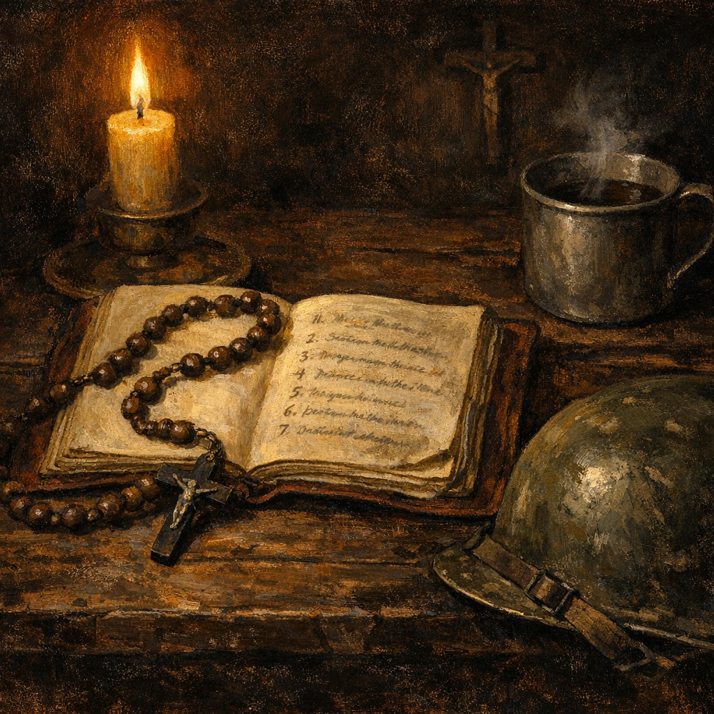 The Catholic Man's Rule of Life Field Manual — Caravaggio chiaroscuro: open Field Manual with wooden rosary draped across pages, brass candle, US military helmet, and tin cup on dark wood.